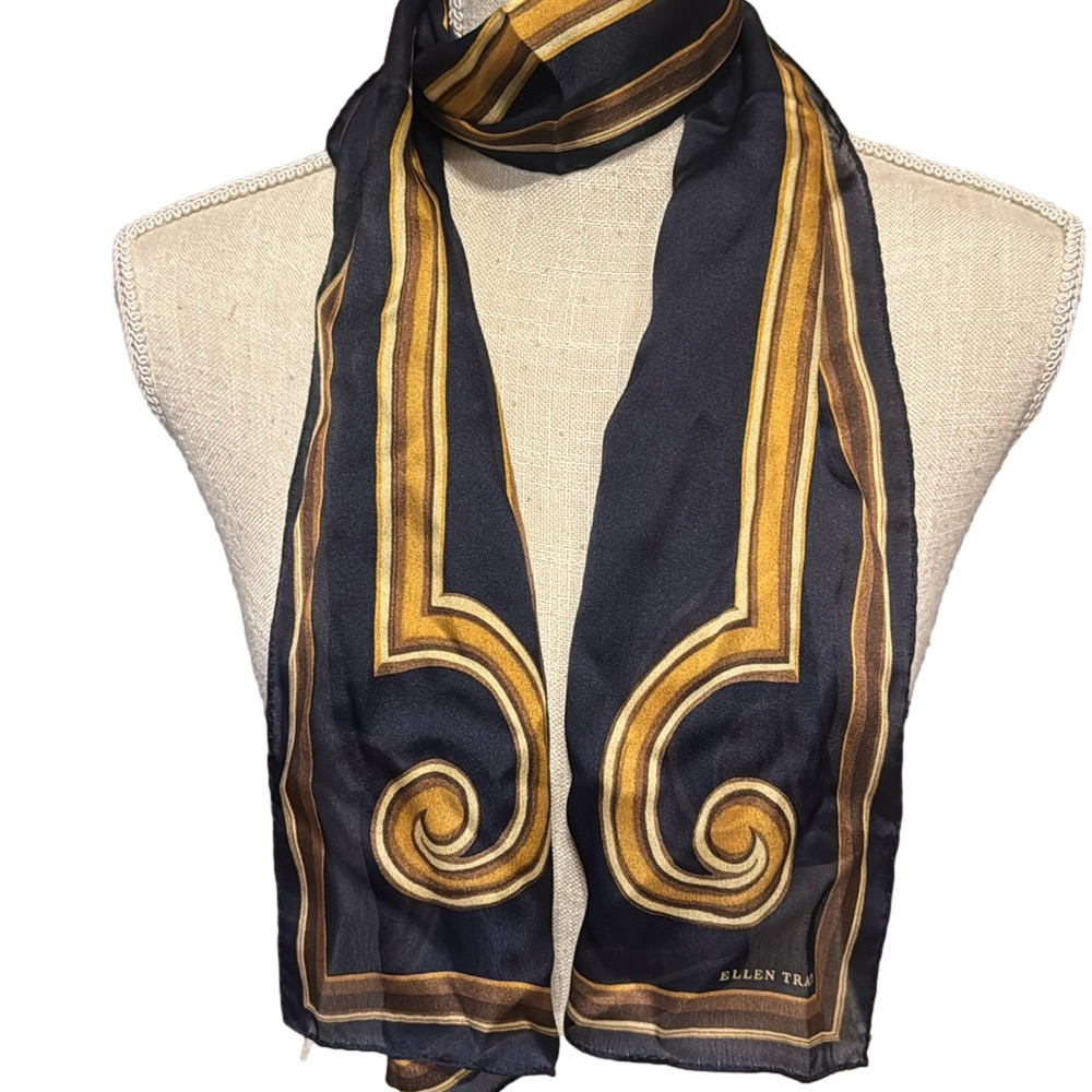 Ellen Tracy 100% Silk Rectangular Scarf With Gold Scroll Design - Picture 2 of 4